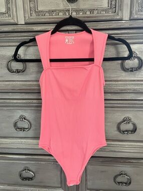 Pink Ribbed Square-Neck Bodysuit